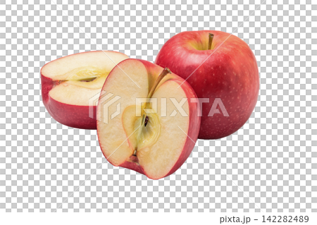 PNG image of one cutout of a crisp pink apple and two halves of the apple. PNG image of one cutout of a crisp pink apple and two halves of the apple. 142282489