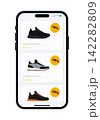 Smartphone display showing shoe catalog with discount badges in flat vector style 142282809