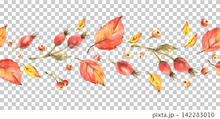 Hand painted watercolor autumn pattern with leaves, berries, and botanical branches. Seasonal harvest background with copy space for Black Friday sale banner and greeting card design. Seamless border Hand painted watercolor autumn pattern with leaves, berries, and botanical branches. Seasonal harvest background with copy space for Black Friday sale banner and greeting card design. Seamless border 142283010