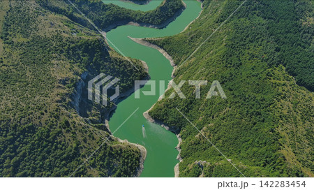 Curved meanders in canyon of Uvac river Serbia Curved meanders in canyon of Uvac river Serbia 142283454