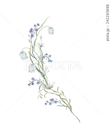 Hand-painted watercolor vertical bouquet of white fritillaria bells and pale blue forget-me-nots with slender sage stems over layered geometric blocks on white background. contemporary botanical art Hand-painted watercolor vertical bouquet of white fritillaria bells and pale blue forget-me-nots with slender sage stems over layered geometric blocks on white background. contemporary botanical art 142283698
