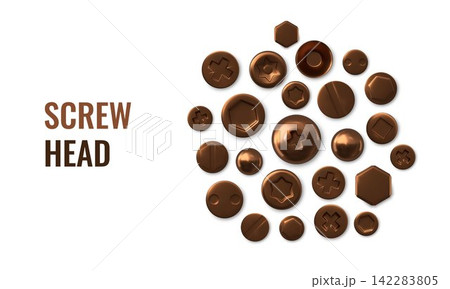 Metal copper screws and bolts different head types 3D realistic vector round pattern design, hardware nuts and rivets 142283805