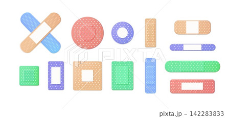 Medical patches different shapes and colors 3D vector set, realistic wound first aid adhesive plasters inner surface 142283833