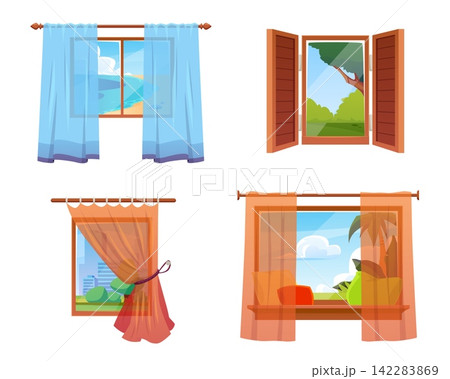 Window with curtains or wooden casement, draperies tulle on cornice and shutters, interior design element vector set 142283869