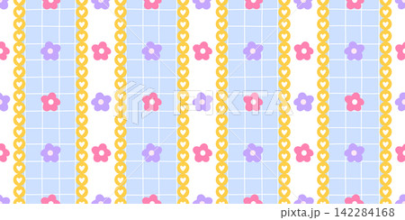 Seamless cute heart with pattern kawaii gingham and girly vector flower. Daisy simple valentines with pink romantic love and vintage texture baby. Tiny blossom stripe with design fashion. Seamless cute heart with pattern kawaii gingham and girly vector flower. Daisy simple valentines with pink romantic love and vintage texture baby. Tiny blossom stripe with design fashion. 142284168