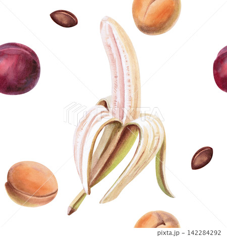 A seamless pattern with bananas, plums, and apricots. Illustration for food packaging, juices, baby products, printed materials, theme parties, and cookbook covers. A seamless pattern with bananas, plums, and apricots. Illustration for food packaging, juices, baby products, printed materials, theme parties, and cookbook covers. 142284292