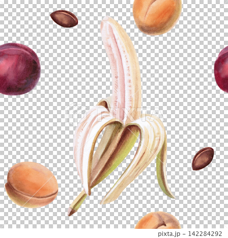 A seamless pattern with bananas, plums, and apricots. Illustration for food packaging, juices, baby products, printed materials, theme parties, and cookbook covers. A seamless pattern with bananas, plums, and apricots. Illustration for food packaging, juices, baby products, printed materials, theme parties, and cookbook covers. 142284292