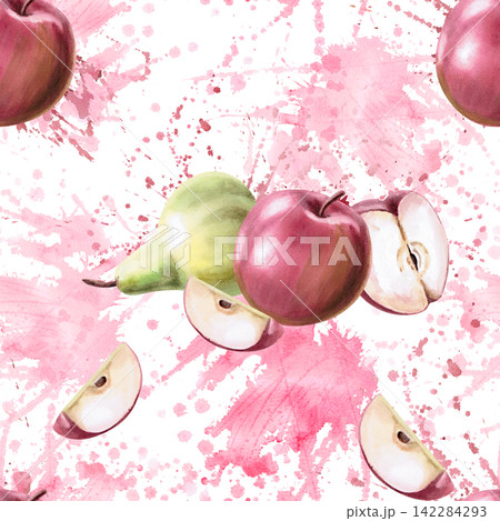 A seamless pattern with whole and sliced pears and apples on a pink background. Ideal for food packaging, juices, baby products, printed materials, theme parties, and cookbook covers. A seamless pattern with whole and sliced pears and apples on a pink background. Ideal for food packaging, juices, baby products, printed materials, theme parties, and cookbook covers. 142284293