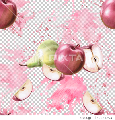 A seamless pattern with whole and sliced pears and apples on a pink background. Ideal for food packaging, juices, baby products, printed materials, theme parties, and cookbook covers. A seamless pattern with whole and sliced pears and apples on a pink background. Ideal for food packaging, juices, baby products, printed materials, theme parties, and cookbook covers. 142284293
