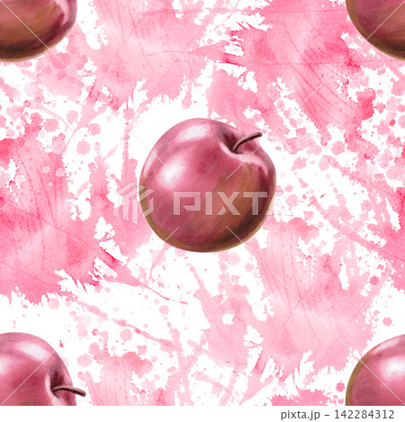 A seamless pattern with red apples on a pink background. Suitable for food packaging, juices, baby products, printed materials, greeting cards, themed parties, and cookbook cover designs. A seamless pattern with red apples on a pink background. Suitable for food packaging, juices, baby products, printed materials, greeting cards, themed parties, and cookbook cover designs. 142284312