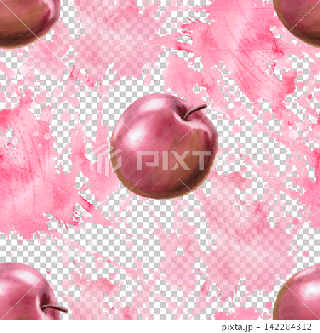 A seamless pattern with red apples on a pink background. Suitable for food packaging, juices, baby products, printed materials, greeting cards, themed parties, and cookbook cover designs. A seamless pattern with red apples on a pink background. Suitable for food packaging, juices, baby products, printed materials, greeting cards, themed parties, and cookbook cover designs. 142284312