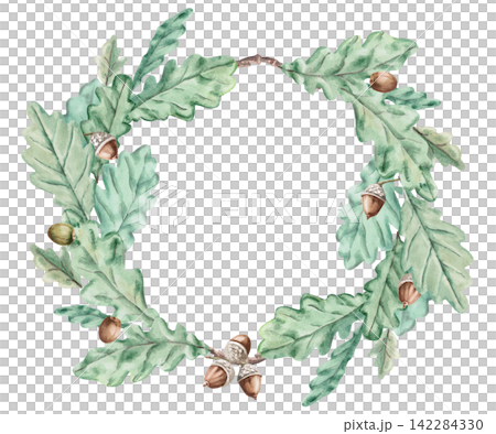 A wreath of oak leaves and acorns. Perfect for creating greeting cards, seasonal decor, themed websites, and label designs for natural cosmetics and bath accessories. A wreath of oak leaves and acorns. Perfect for creating greeting cards, seasonal decor, themed websites, and label designs for natural cosmetics and bath accessories. 142284330