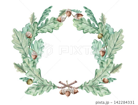 An oval wreath of oak leaves and acorns. Suitable for creating greeting cards, seasonal decor, themed websites, and label designs for natural cosmetics and bath accessories. An oval wreath of oak leaves and acorns. Suitable for creating greeting cards, seasonal decor, themed websites, and label designs for natural cosmetics and bath accessories. 142284331
