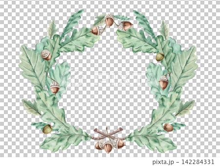 An oval wreath of oak leaves and acorns. Suitable for creating greeting cards, seasonal decor, themed websites, and label designs for natural cosmetics and bath accessories. An oval wreath of oak leaves and acorns. Suitable for creating greeting cards, seasonal decor, themed websites, and label designs for natural cosmetics and bath accessories. 142284331