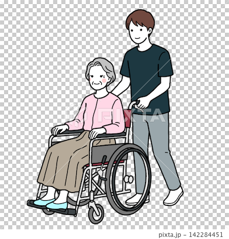 協助一位坐在輪椅上的老婦人(角度略有傾斜) 協助一位坐在輪椅上的老婦人(角度略有傾斜) 142284451