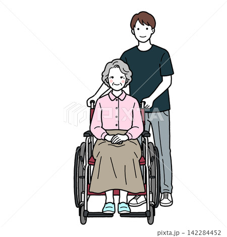 車椅子に乗る高齢女性と介助・正面 車椅子に乗る高齢女性と介助・正面 142284452