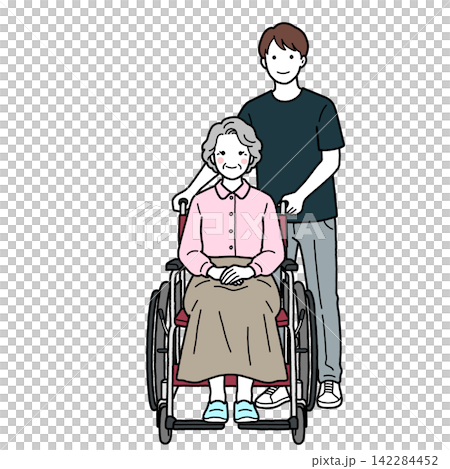 車椅子に乗る高齢女性と介助・正面 車椅子に乗る高齢女性と介助・正面 142284452