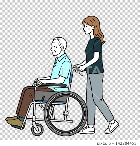 An elderly man in a wheelchair and his caregiver/side 142284453