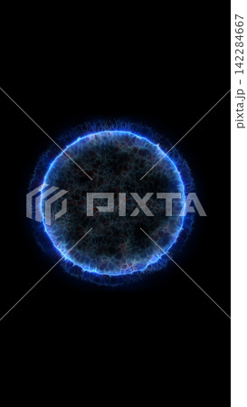 Electric blue plasma sphere with a radiant corona on black, representing cosmic energy, magnetic fields, science, and futuristic power. 142284667