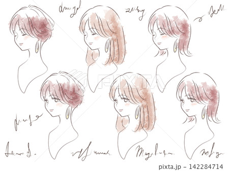 カラフル水彩で描かれたシンプルな女性のヘアカタログ風パターンイラスト カラフル水彩で描かれたシンプルな女性のヘアカタログ風パターンイラスト 142284714