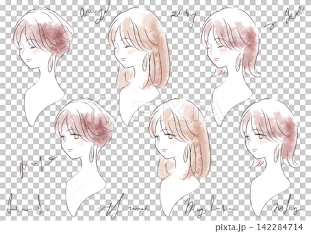 カラフル水彩で描かれたシンプルな女性のヘアカタログ風パターンイラスト カラフル水彩で描かれたシンプルな女性のヘアカタログ風パターンイラスト 142284714