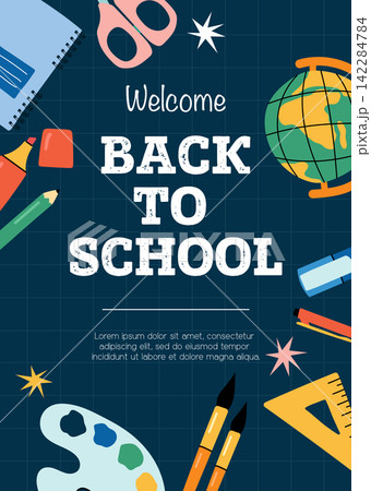 Back to school poster template on dark blue grid background flat vector illustration Back to school poster template on dark blue grid background flat vector illustration 142284784