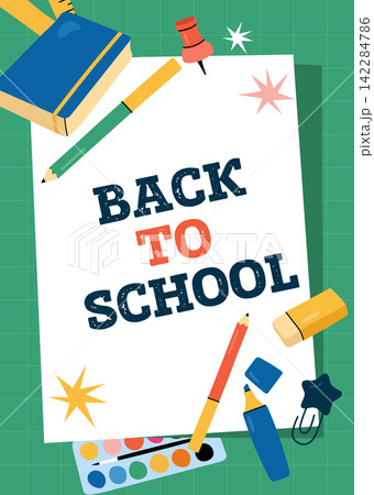 Back to school flyer template with white paper sheet and stationery flat vector 142284786