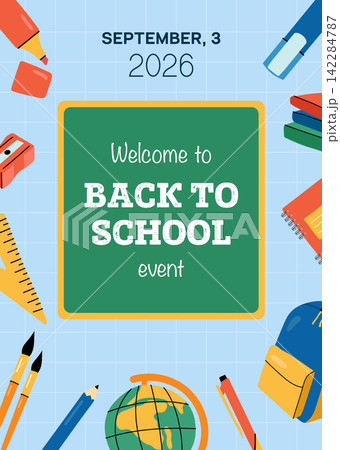Back to school event banner with chalkboard and school supplies flat vector template Back to school event banner with chalkboard and school supplies flat vector template 142284787