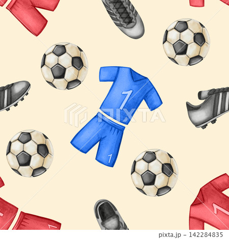 Hand drawn watercolor seamless pattern with blue and red soccer uniforms and balls. Colorful sport outfit illustration for team fans, textile design and stationary. Football. Sport Hand drawn watercolor seamless pattern with blue and red soccer uniforms and balls. Colorful sport outfit illustration for team fans, textile design and stationary. Football. Sport 142284835