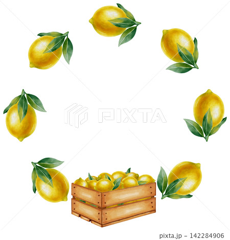 Watercolor wreath of lemon branches and a wooden crate with lemons. Hand-drawn citrus fruits isolated on a white background for Mediterranean-style designs, kitchen decor, packaging. Watercolor wreath of lemon branches and a wooden crate with lemons. Hand-drawn citrus fruits isolated on a white background for Mediterranean-style designs, kitchen decor, packaging. 142284906