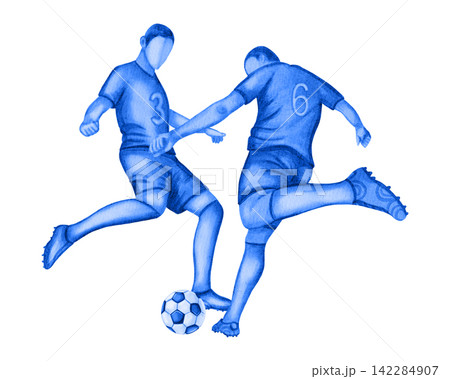 Watercolor illustration of two soccer players in red and blue uniforms competing for the ball. Dynamic football match action isolated on white background.Soccer. Sport. Sports competition. 142284907