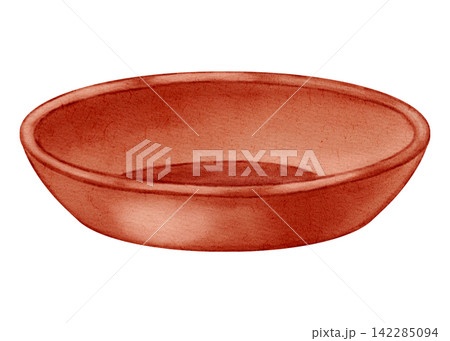 Watercolor hand drawn terracotta ceramic saucer isolated on white background. Brown clay dish for food, garden, and decor. Watercolor hand drawn terracotta ceramic saucer isolated on white background. Brown clay dish for food, garden, and decor. 142285094