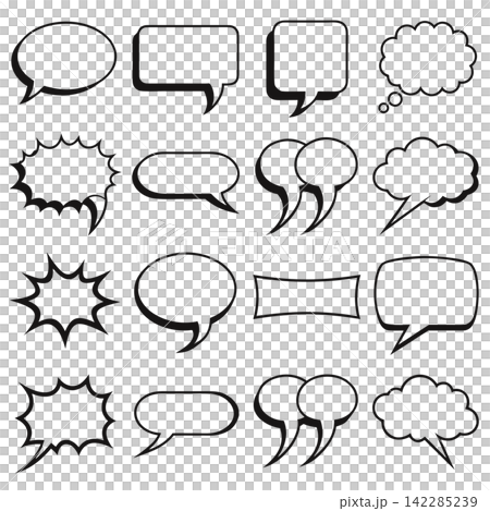 This image presents a selection of blank black-and-white comic book speech bubbles, thought clouds, and dialogue boxes This image presents a selection of blank black-and-white comic book speech bubbles, thought clouds, and dialogue boxes 142285239