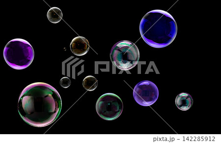 Colorful floating soap bubbles on black background with glossy reflections and iridescent hues Colorful floating soap bubbles on black background with glossy reflections and iridescent hues 142285912