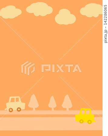 オレンジバックに暖色の雲や車や木のイラストが入った背景素材イラスト 142286065