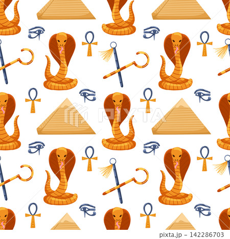 Ancient Egypt seamless pattern. Cartoon hand drawn vector ornament with ankh, nekhakha, eye Horus, cobra, pyramids on white background. Egyptian symbols. Egyptian civilization background Ancient Egypt seamless pattern. Cartoon hand drawn vector ornament with ankh, nekhakha, eye Horus, cobra, pyramids on white background. Egyptian symbols. Egyptian civilization background 142286703