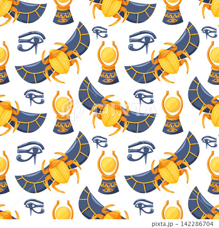 Ancient Egypt seamless pattern. Cartoon hand drawn vector ornament with scarab, aten, eye of Horus on white background. Egyptian symbols. Egyptian civilization background 142286704