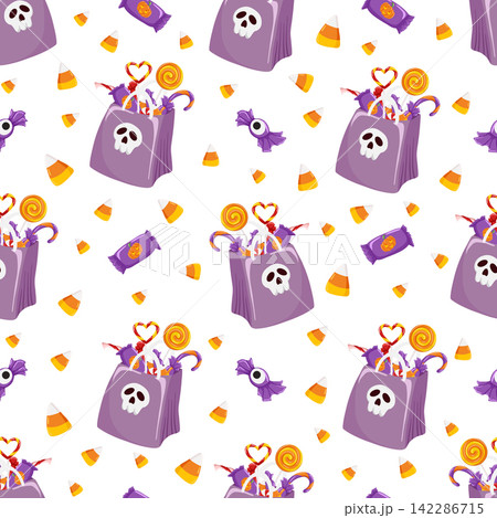 Halloween candies seamless pattern. Halloween bag full of sweets cartoon illustration. Trick or treat background. Halloween candy paper. Candy print, wallpaper vector on white background Halloween candies seamless pattern. Halloween bag full of sweets cartoon illustration. Trick or treat background. Halloween candy paper. Candy print, wallpaper vector on white background 142286715