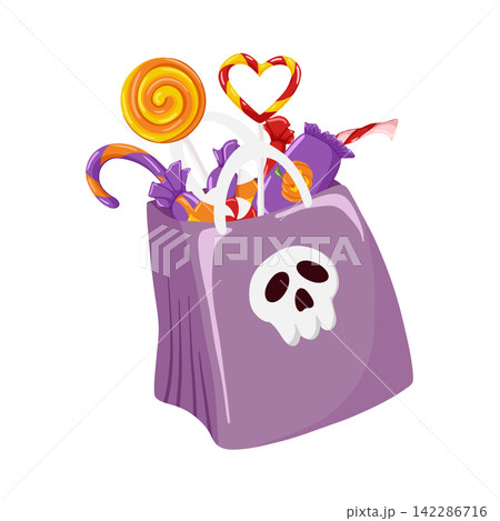 Halloween bag full of candies. Spooky skull bag with lollipops, sweets, candy. Trick or treat basket. Vector cartoon illustration isolated on white background 142286716