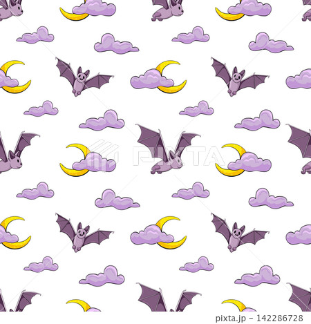 Halloween seamless pattern. Flying bat, spooky night, crescent moon with clouds, vampire theme cartoon illustration on white background. Comic vector print for packaging, textile, wrapping Halloween seamless pattern. Flying bat, spooky night, crescent moon with clouds, vampire theme cartoon illustration on white background. Comic vector print for packaging, textile, wrapping 142286728