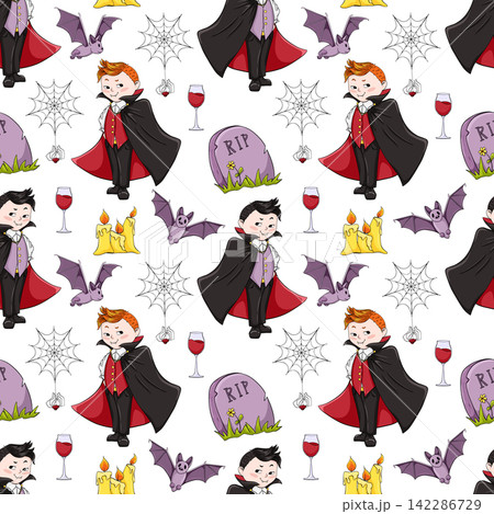 Halloween seamless pattern. Vampire, bat, candles grave, dracula theme cartoon illustration on white background. Comic character boy vector print for packaging, textile, wrapping 142286729