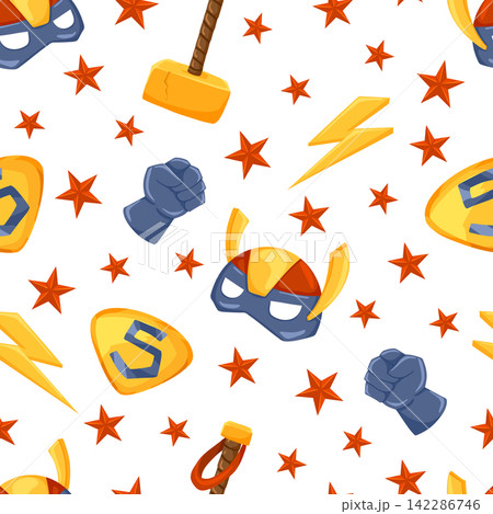 Seamless childish pattern with cute hero mask, stars, helmet, hammer, lightning. Creative kids texture for fabric, wrapping, textile, wallpaper, apparel. Vector illustration on white background Seamless childish pattern with cute hero mask, stars, helmet, hammer, lightning. Creative kids texture for fabric, wrapping, textile, wallpaper, apparel. Vector illustration on white background 142286746