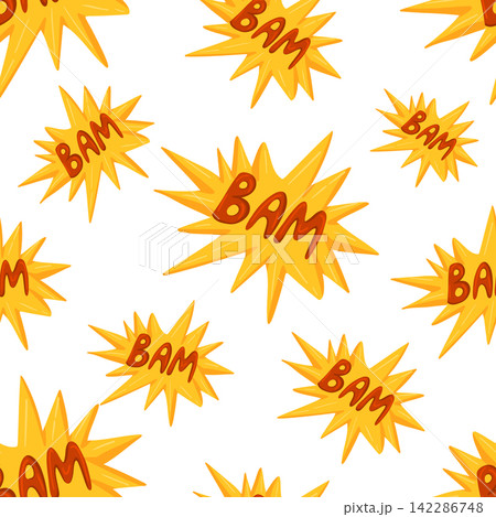Pop Art seamless comic pattern . Bam retro comic text speech bubble. Cartoon comics vector illustration. Simple background for textile , fashion, sport wear, wrapping on white background Pop Art seamless comic pattern . Bam retro comic text speech bubble. Cartoon comics vector illustration. Simple background for textile , fashion, sport wear, wrapping on white background 142286748