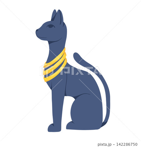 Egyptian Cat. Bastet goddess. Blue cat with gold necklace. Statuette from ancient Egypt art. Cartoon hand drawn icon. Logo design. Vector illustration isolated white background 142286750