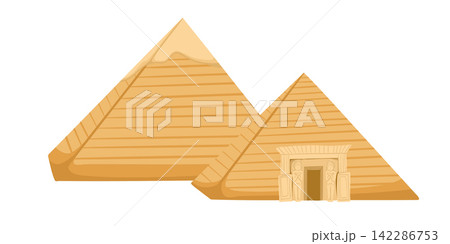 Egypt pyramids, symbol of ancient Egypt. Abstract hand drawn vector art. Ancient architecture in sand dunes isolated on white background 142286753