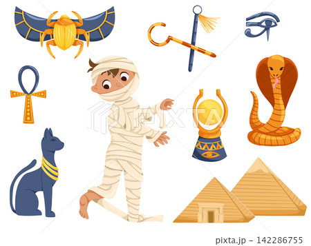 Cartoon Egypt elements. Halloween stickers with a mummy boy character, pyramids, cat, cobra, scarab, egypt symbols vector set. Illustration of a child in a Halloween mummy costume Cartoon Egypt elements. Halloween stickers with a mummy boy character, pyramids, cat, cobra, scarab, egypt symbols vector set. Illustration of a child in a Halloween mummy costume 142286755