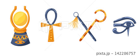 Set with ancient Egypt symbols. Aten, ankh, eye of Horus, heka, nakhakha. Cartoon hand drawn vector illustration isolated on white background. Print for sticker, logo, web 142286757
