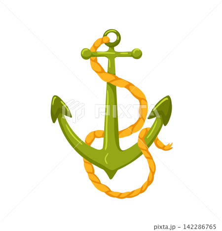 Green anchor with a rope around it. Simple cartoon vector hand drawn illustration. Isolated marine icon on white background 142286765
