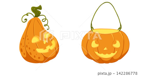 Jack-o-lantern stickers. Pumpkin with face. Halloween vector design isolated on white background. Happy Halloween holiday print. Cartoon carved pumpkin with candlelight 142286778