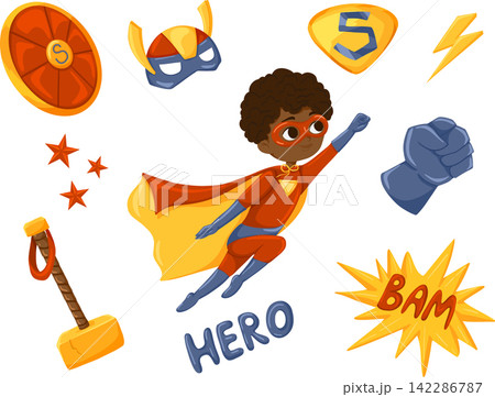 Cartoon superhero elements. Halloween stickers with a superhero boy character, mask, hammer, shield, stars, fist, hero symbols vector set. Illustration of a child in a Halloween hero costume 142286787